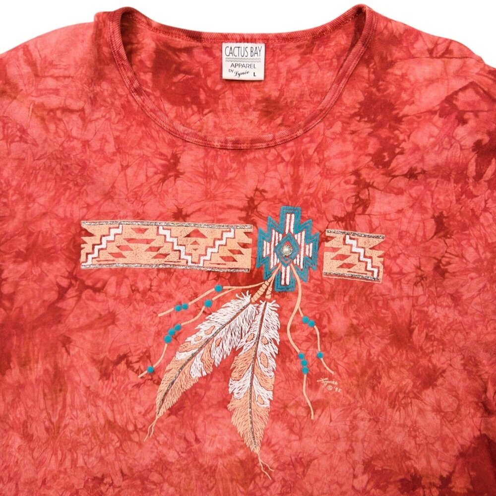 VTG '95‎ Cactus Bay by Lynee Tie Dye Aztec Southwestern T-Shirt Red Womens L